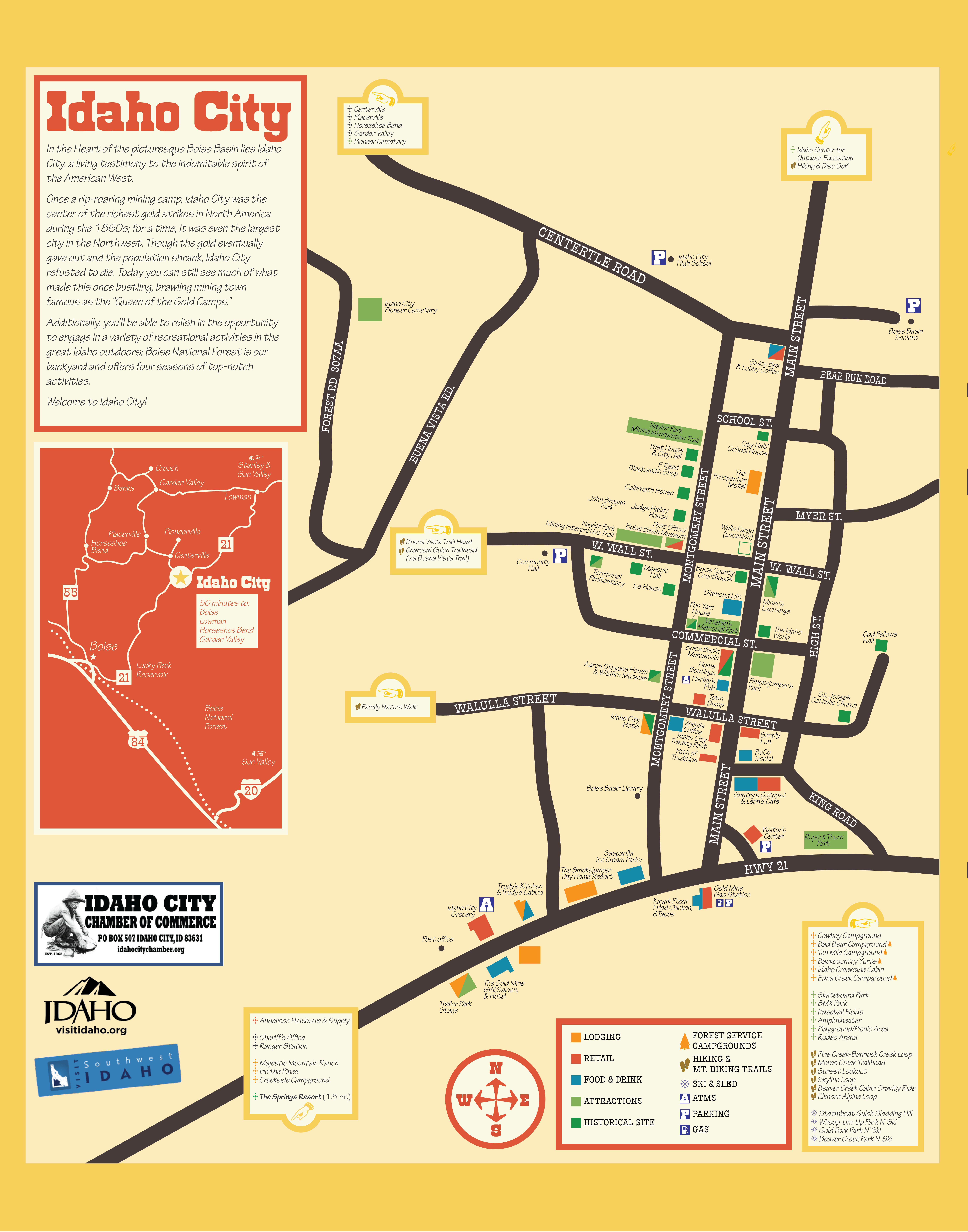 Idaho City, Idaho street and area map — coordinates 43.8286°N 115.8346°W, elevation 3,986 feet (1,215 meters), 0.67 square miles, county seat of Boise County. Shows Lodgepole Lane, Montgomery Street, Highway 21 (Ponderosa Pine Scenic Byway), Mores Creek, proximity to Majestic Mountain Ranch 1 mile south. Historic district listed on National Register of Historic Places 1975, 87 acres, 15 contributing buildings including Boise County Courthouse (c.1867) and Boise Basin Museum (1867).