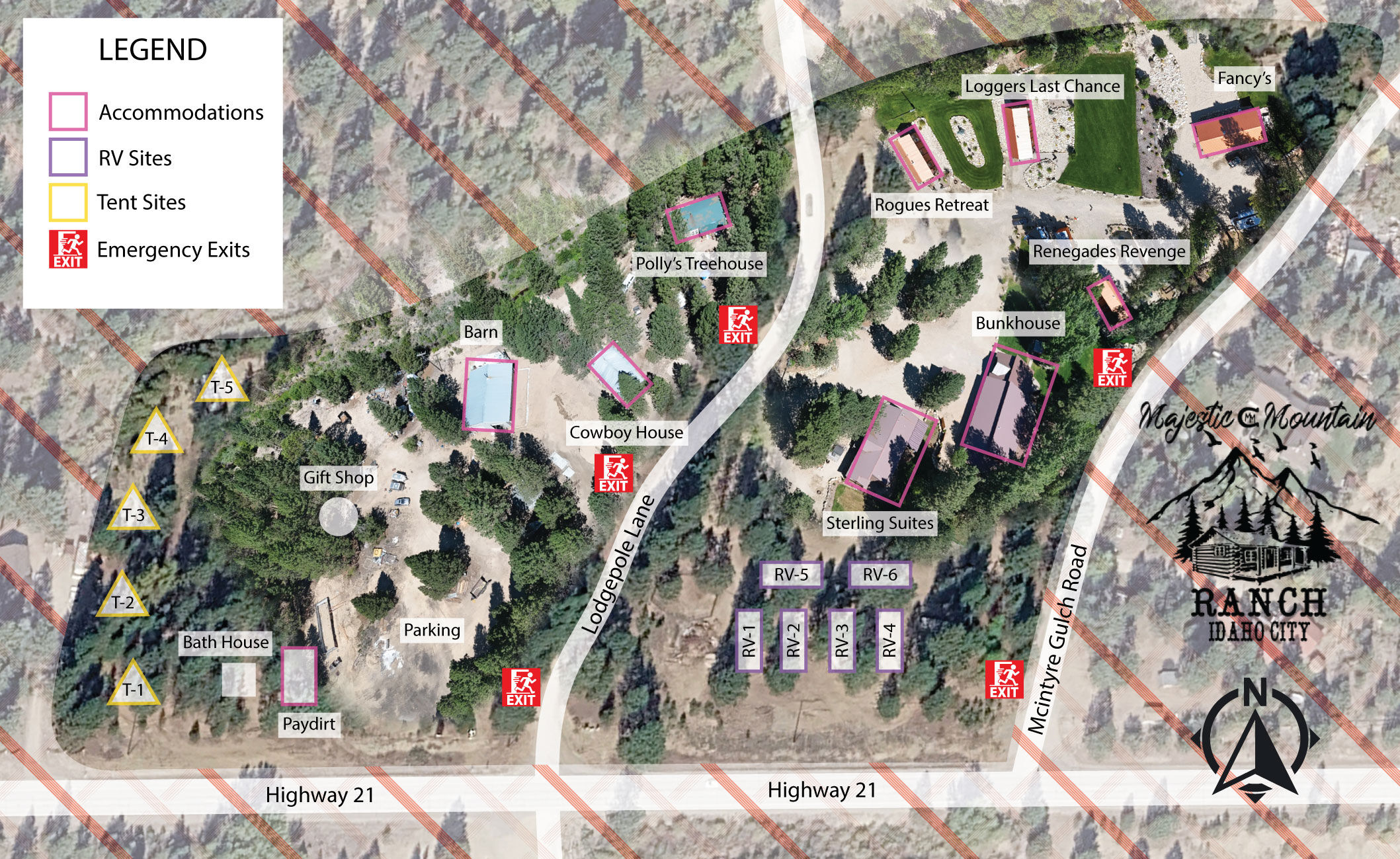 Majestic Mountain Ranch property map — aerial view showing Polly's Treehouse, Cowboy House, Barn, Bunkhouse, Sterling Suites, Rogues Retreat, Renegades Revenge, Loggers Last Chance, Fancy's, Paydirt, Bath House, Gift Shop, RV sites RV-1 through RV-6, tent sites T-1 through T-5, Lodgepole Lane, McIntyre Gulch Road, and Highway 21 frontage — Idaho City, Idaho